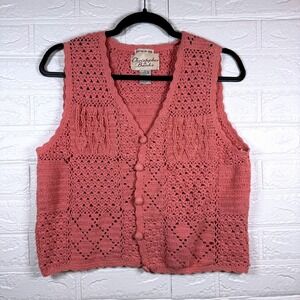 Christopher & Banks Vest Women Small Pink Crochet Hand Knitted Ramie Cotton